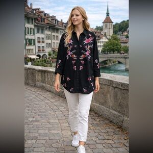 Zara floral embroidery long black shirt tunic size M.